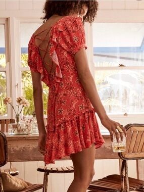 Spell & The Gypsy Celestial Mini Dress XS Red Lace Up Back Boho Festival Ruffle